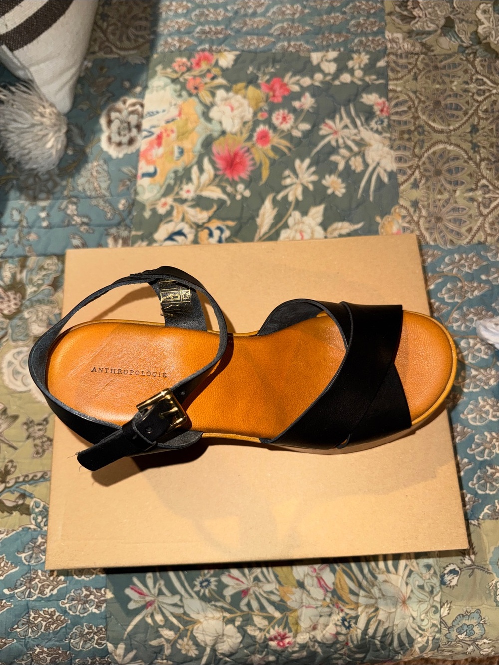 Anthropologie Black Leather Crisscross Platform Wedge Sandals - Picture 9 of 9